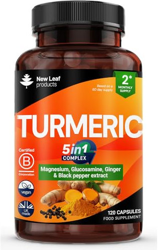 Turmeric 5-in-1 Complex - 5000mg Turmeric Capsules High Strength Enriched with Magnesium & Glucosamine Sulphate - Added Ginger Capsules + Black Pepper, 95% Curcumin Supplement - Vegan Supplement
