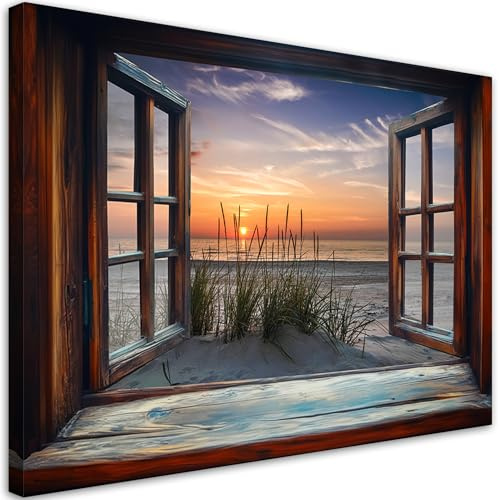 Feeby Bilder - Foto Geschenk - Fenster Meer Strand Natur - 120x80 1tlg - Leinwandbilder Wohnzimmer - Wandbild über dem Bett - Bild Schlafzimmer - Aesthetic Zimmer Deko - Modern Pictures