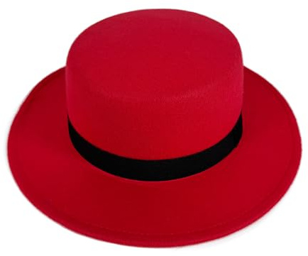 DELIMALI Filzhut für Damen, mit Gürtelkette, klassisch, flache Oberseite, Fedora-Hut, Pork-Pie-Hut, Filz, Bootsfahrer, Kirche, Derby-Kappe für Männer und Frauen, B-Rot, Einheitsgröße