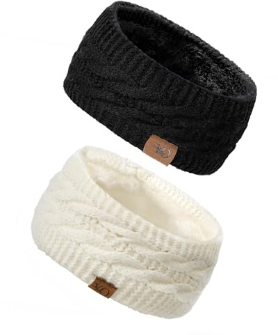 Ymomode Winter Headband - 2 Pack Womens Winter Headbands Fuzzy Fleece Lined Ear Warmer Cable Knit Thick Warm Crochet Headband, White+Black