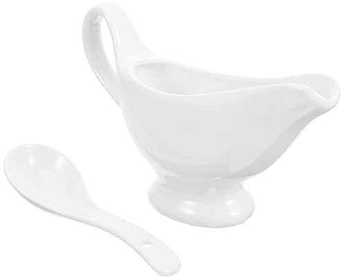 GRIRIW Salsiera in Porcellana 175 Ml con Mestolino, Design Anti Goccia per Sugo e Salsa da Tavola, Supporto Abbinato