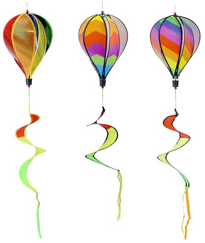 QWORK® 3-pack vindspel för upphängning utomhus – Ø 28 cm x 39 cm ballong, 110 cm total längd – regnbåge varmluftsballong twister