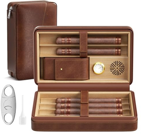 Errum 3-in-1 Leather Cigar Case, Portable Travel Cigar Humidor with Humidifier & Cigar Cutter, Cigar Accessories Set for Men Father Boyfriend Christmas Birthday Gift
