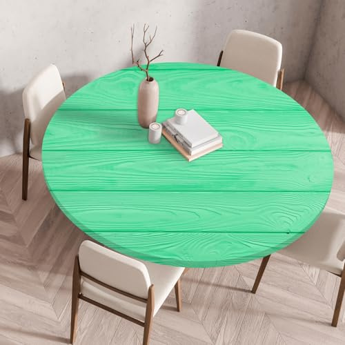 Highdi Elastische Tischdecke Rund Abwaschbar, 3D-Druck Spanntischdecke Rund Gartentischdecke Outdoor Round Tischdecke mit Gummizug für Feiertage Versammlung (Grünes Holz,80cm)