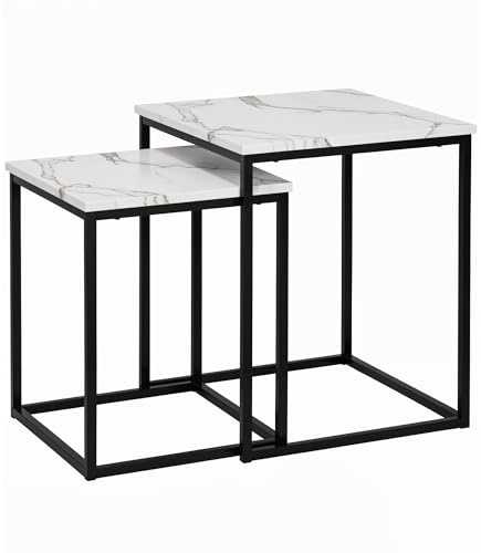SG Traders Square Nesting Coffee Table Set - Wooden Nest of Tables, Stackable Square Coffee Table for Living Room, Industrial, Stylish Nested Tables - Set of 2 (White Marble)