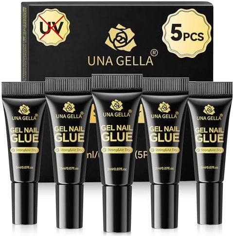 UNA GELLA Super Strong Nail Glue 2ml x 5Pcs for Press On Nails, Nail Tips & Clear Fake Nails, Mini Tubes Quick Drying Semi Solid Nail Glue for Press ons No UV Light Needed Long Lasting Mess-Free