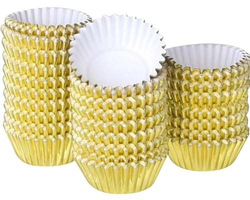 600Pcs Aluminum Foil Baking Cups with Lids and Spoons, Mini Cupcake Cases Metallic Gold Foil Small Baking Pans Loaf Cups for Home Baking (Gold)