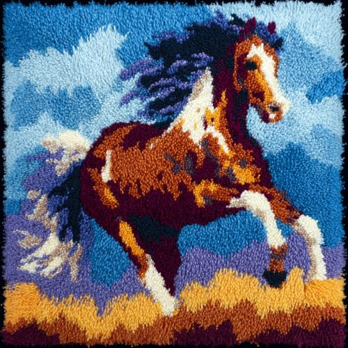 AMBATTERY Knüpfkissen zum Selber Knüpfen Tier Pferd Knüpfkissen Set mit Knüpfhaken und Toolkit zum Selber Knüpfen Kissens, DIY Kissen Dekokissen, 43x43cm