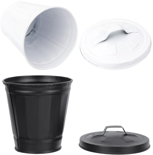 SEWACC Mini Cubo de Basura de Mesa de Hierro Galvanizado 2 Piezas Blanco y Negro Tapa Papelera Metálica Pequeña para Escritorio Adecuado para Dormitorios Apartamentos y