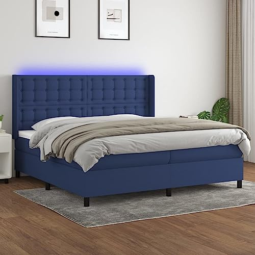 Tonture resårsäng med madrass och LED, blå, 200 x 200 cm, tygöverdrag, höjdjusterbar sänggavel, fickfjädermadrass, hudvänligt madrass, för sovrum