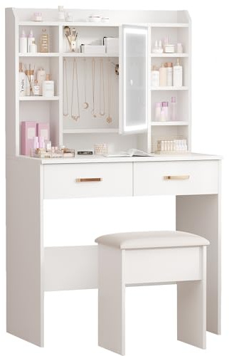 KYXBBDA Dressing Table with Mirror and Stool: Vanity-Desk with Mirror and Drawers - Makeup Desk with Jewellery Storage, 3 Color Light & Brightness Adjustable for Bedroom