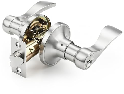 Brotima Satin Nickel 1 Pair Privacy Door Lever Handle for Bedroom and Bathroom, Keyless Interior Wave/Drop Style Brushed Nickel Door Knob, Adjustable Latch for 60/70mm Backset