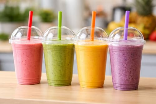 Foglish Home & Garden Clear Plastic Cups with Domed Lids, 8oz, for Smoothies, Milkshakes, Iced Coffee, Bubble Tea (100)