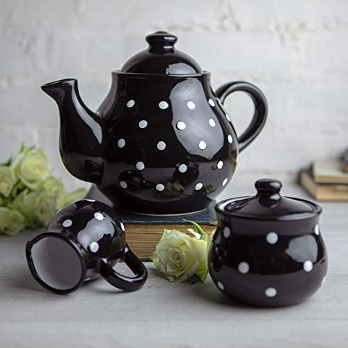 City to Cottage | Service à thé | noir à pois blancs en céramique fait et peint à la main | grande théière 1,7L 4-6 tasses, pot à lait, sucrier