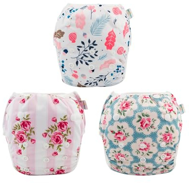 Babygoal Reusable Baby Girl Swim Diapers 3 Pack - Adjustable Washable for 0-8 Months Infants - Ideal for Swimming Lessons - Flower Design