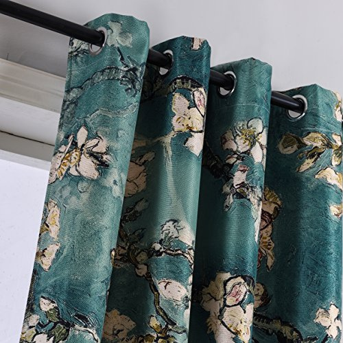 Taisier Home 52x63 Faux Linen Curtains - Room Darkening Green Plum Blossom Drapes, Vintage Ring Top Design for Bedroom Living Room, 2 Panels Elegant Decorative Window Treatments