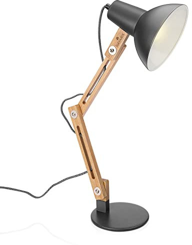 Navaris Design Holz Schreibtischlampe - E27 Fassung - mit Standfuß - Retro Tischlampe mit verstellbarem Gelenkarm - Vintage Nachttischlampe Dunkelgrau