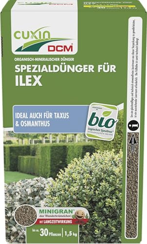 CUXIN DCM Spezialdünger für Ilex - Spezialdünger - NPK-Dünger - Mit MINIGRAN® TECHNOLOGY - Mit Meereskalk - Bio - organisch-mineralischer NPK-Dünger - Langzeitdünger - 1,5 kg