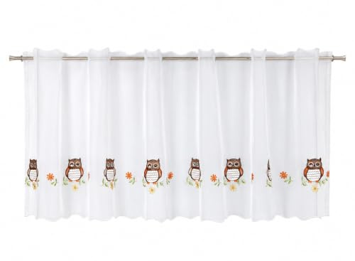Clever-Kauf-24 Scheibengardine Bestickt mit Eulen 2505 | Bistrogardine HxB 48 x 140cm | Panneaux mit Stickerei | Kurzgardine Eule