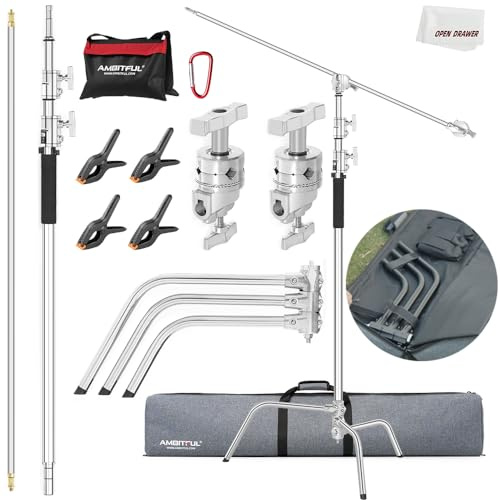 AMBITFUL Rostfritt stål kraftigt C-stativ, 150–320 cm justerbar fotografisk robust stativ för reflektorer, softboxar, monoljus, paraplyer, tung hållarm