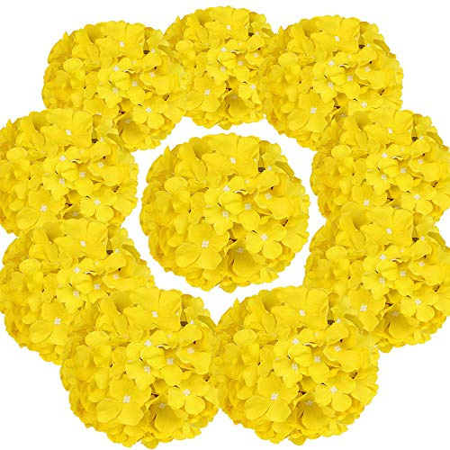 Flojery Lot de 10 têtes de Fleurs d'hortensia artificielles en Soie avec tiges pour la décoration - Jaune
