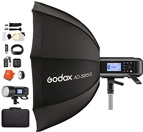 GODOX AD400 Pro Portable Studio Flash Light for Photography with AD-S85S Silver 85cm Softbox TTL Flash 400Ws HSS 1/8000s 2.4G Wireless Strobe with Carry Case + 12 Month Extended Warranty Card (3 Yrs)