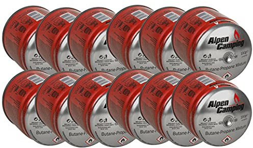 Alpen Camping IK006 12x 400 ml / 190g Gaskartuschen Propan-Butan Stechkartusche für Gaskocher Campingkocher Bunsenbrenner Lötbrenner EN417 Gas Block System (12)