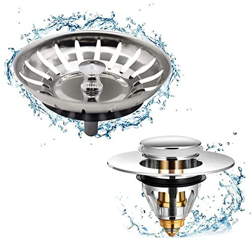 Bevy Designs Bathroom Sink Plug, Kitchen Sink Strainer | Universal Pop Up Sink Plugs Replacement, Bath Plug Push Style Stainless Steel Kitchen Sink Filter (Sink Plug + Strainer (Pack of 2))