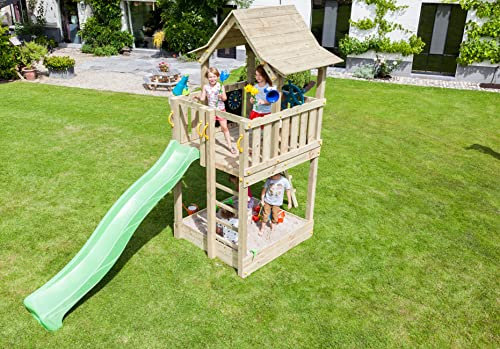 Gartenwelt Riegelsberger Spielturm Pagoda aus naturbelassenem Lärchenholz B140 x T160 x H339 cm mit Wellenrutsche VIOLETT Sandkasten Bodenanker Leiter und Griffe