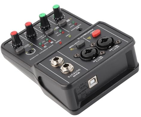 Bewinner 2 Channels Audio Mixer Mixing Console, DJ Sound Controller Interface with USB Soundcard, USB 48V Power Compact Sound Mixing Console for Music Recording Karaoke