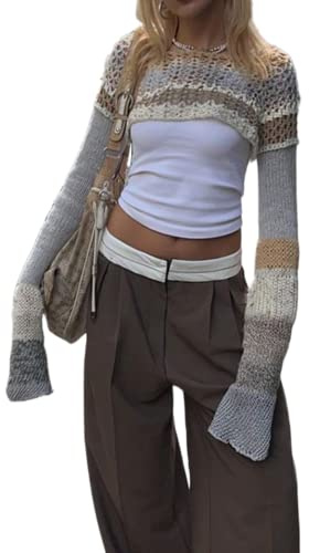 Kvinnor Y2K virkad stickad beskuren tröja boho retro ihålig utskuren långärmad magtröja älva grunge Alt E Girl streetwear, Khaki, S
