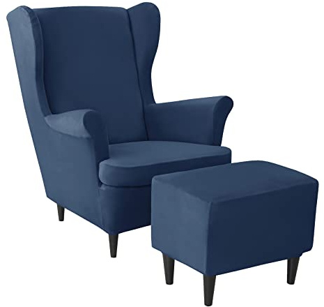 JHLD Ohrensessel Überzug Mit Ottomane Schonbezug-3 Teilig-Navy Blau | Samt Stretch Husse für Ohrensessel Rutschfest 3 Stück Abnehmbare Waschbar für Wohnzimmer