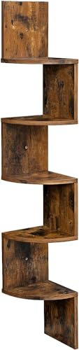 Zuvo Floating Corner Shelf 5 Tier - Brown Corner Bookshelf, Wall Mounted | Zigzag design, 15mm engineered wood, 6kg per tier, hidden brackets, for books, plants & ornaments, 20 x 20 x 127.5cm