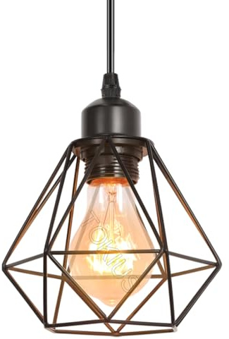 TOKIUS Pendelleuchte Vintage Industrial 16CM Hängelampe mit Geometrischem Design E27 Lampe aus Eisen Käfig Lampenschirm Schwarz Hängeleuchte für Esstisch Küche (Pendellampe 1-flammig)