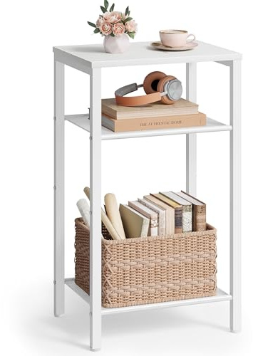 Hoctieon 3 Tier End Table, Telephone Table, Narrow Side Table with Storage, Nightstand for Small Spaces, Metal Frame, for Living Room, Bedroom, Sofa Couch, Hall, Easy Assembly, White
