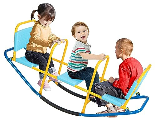 GOPLUS Balançoire à Bascule avec 3 Sièges pour Enfants,Trébuchet Sièges et Poignées Ergonomiques,Jeu d'Échelle Interactif pour 2/3 Enfants,137x40x59,5cm (Bleu)
