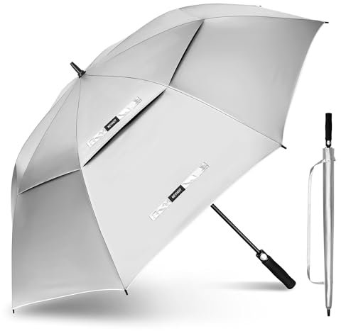 KEYHOT Golf Regenschirm mit UV Schutz 172 cm Golfschirm UV Schutz Große Sturmfest Doppelter Stülle für Herren und Damen (Silber/Schwarz)