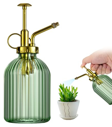 Pesoncarl växtdimmer, vattensprayflaska för växter, handtryck vattenflaska glas blomspruta (grön + gyllene sprinkler), sprayflaskor