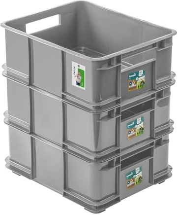PAFEN Lot de 3 boîtes de rangement empilables Euro 20 l - 43 x 35 x 18 cm - Boîtes de rangement Eco Euro Box - En polypropylène - Gris pierre