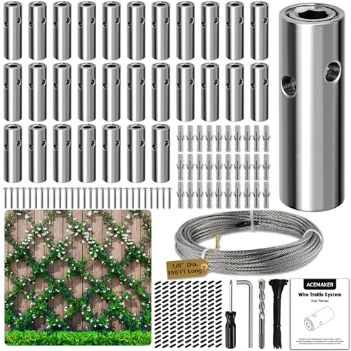 Acemaker Drahtspalier-Set, 30 Stück, 0,3 cm, zylindrisches Kit mit 45,7 m langem Kabel | T316 Marine-Edelstahl, Drahtspaliersystem für Kletterpflanzen, Wand- und Gartenzaun, Spalier