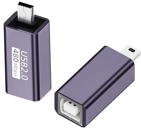 QIANRENON Lot de 2 adaptateurs électroniques Mini USB vers MIDI 480 Mbps - Fiche mini USB vers USB B femelle - Connexion pression 7 W - Boîtier en aluminium - Pour imprimante, scanner, piano