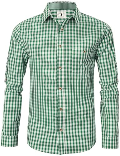 EIISSION Trachtenhemd Herren Kurzarm Grün Oktoberfest Kariert Langarm Trachten Hemd Freizeithemd Karohemd Baumwolle Slim fit S