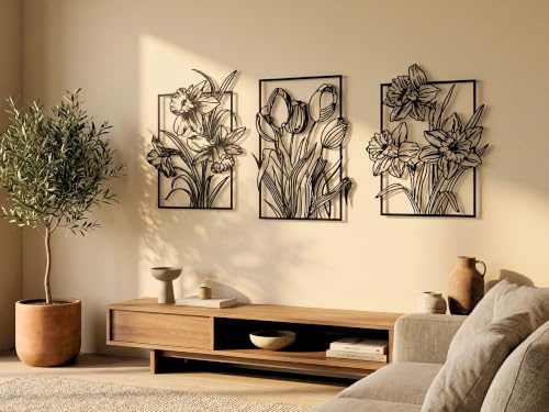 VAILLA Wand Deko Blumen Holz 3D – Wandbild Wanddeko Wohnzimmer Schlafzimmer | MDF Sperrholz, Lasergeschnitten, Botanik Blüten, 5 Größen, Schwarz Grau Gold, personalisierbar, Esszimmer Küche Eingang Flur