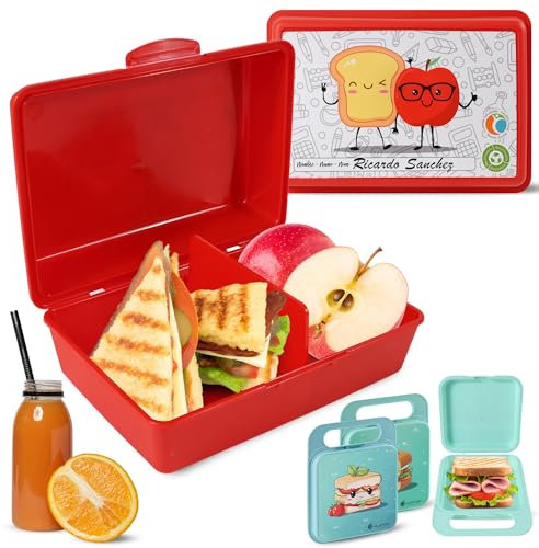 Mypicompany. Porta Merenda Rettangolare Rosso+ 2 Porta Sandwich Riutilizzabili con Manico. Lunch Box Bambini con Disegni Divertenti. Porta Pranzo Bambini Senza BPA.