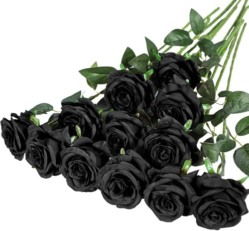 XoeLLe 12 Stück Schwarze Rose, Künstliche Blumen, Blumenstrauß, Kunstblumen Wie Echt, Hochzeit Deko, Home Decor, DIY-Blumenarrangements, Realistische Dekorative Blumen 51 cm (Schwarz)