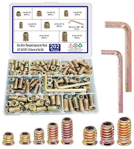 200pcs Threaded Inserts for Wood, 1/4-20 5/16-18 Screw in Nut Assortment Kit, Hex Drive Nut Insert for Home Office Furniture