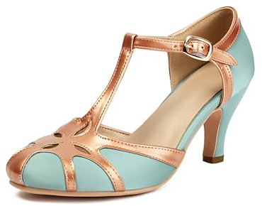 Elerhythm Women's Mary Jane Rockability Tear Cut Close Round Toe T Strap Vintage 1950s Heels Retro 1920s Victorian Pumps Shoes (Blue US6.5)