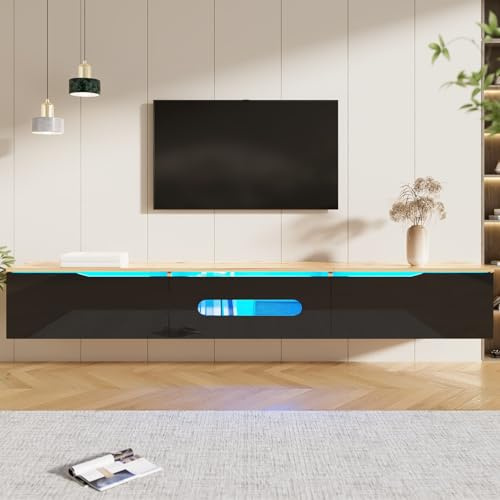 KOMHTOM Meuble TV avec 3 Portes et éclairage LED 16 Couleurs, Meuble de Salon Mural Meuble TV en Bois, 180 x 35 x 30cm (Noir + Couleur Bois)