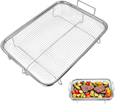 Parrilla de Barbacoa en Acero Inoxidable (30x22x2.5cm) - Cesta de Parrilla para Pescado, Verduras y Carne con Asas Anticalóricas, Hacer Parrilla y Enfriar Alimentos, para veranos Camping