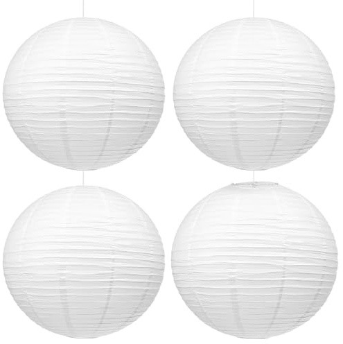 BieMian 4 Pcs White Paper Lanterns,White Paper Light Shades, 12 inch Ribbed Style Lampshade for Home Party Decorations